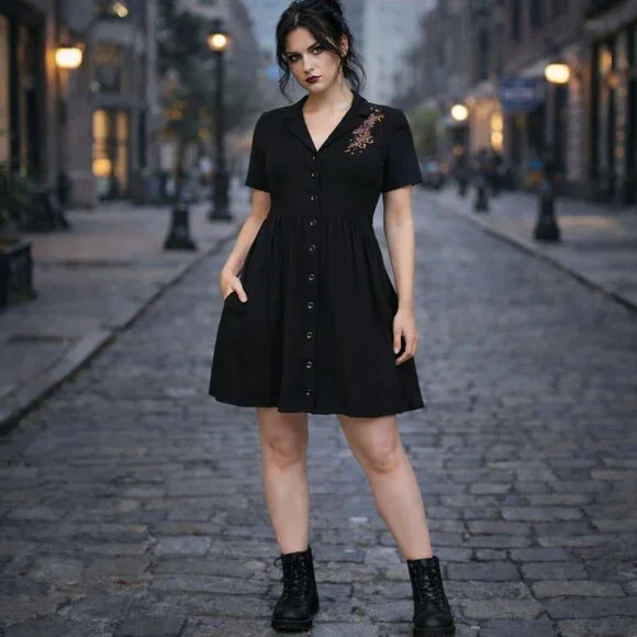 Disturbia Embroidered Foxglove V-neck Mini Dress 8 Whimsigoth Witch Black Gothic - Picture 1 of 16